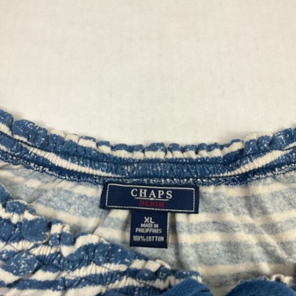 Chaps Womens Cotton Peasant Top Blue Ivory Stripe Short Sleeve Neck Tie Shirt XL - Picture 4 of 10